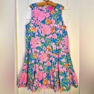 Lilly Pulitzer Trina Dress Rose To The Occasion Pink Blue Floral Tiered XL NWOT